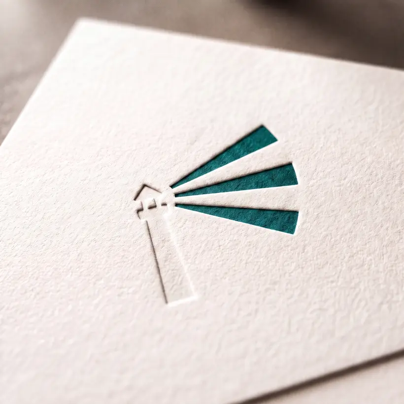 The gotosignal lighthouse mark letterpressed into cotton paper, with three straight teal rays beaming from the light.