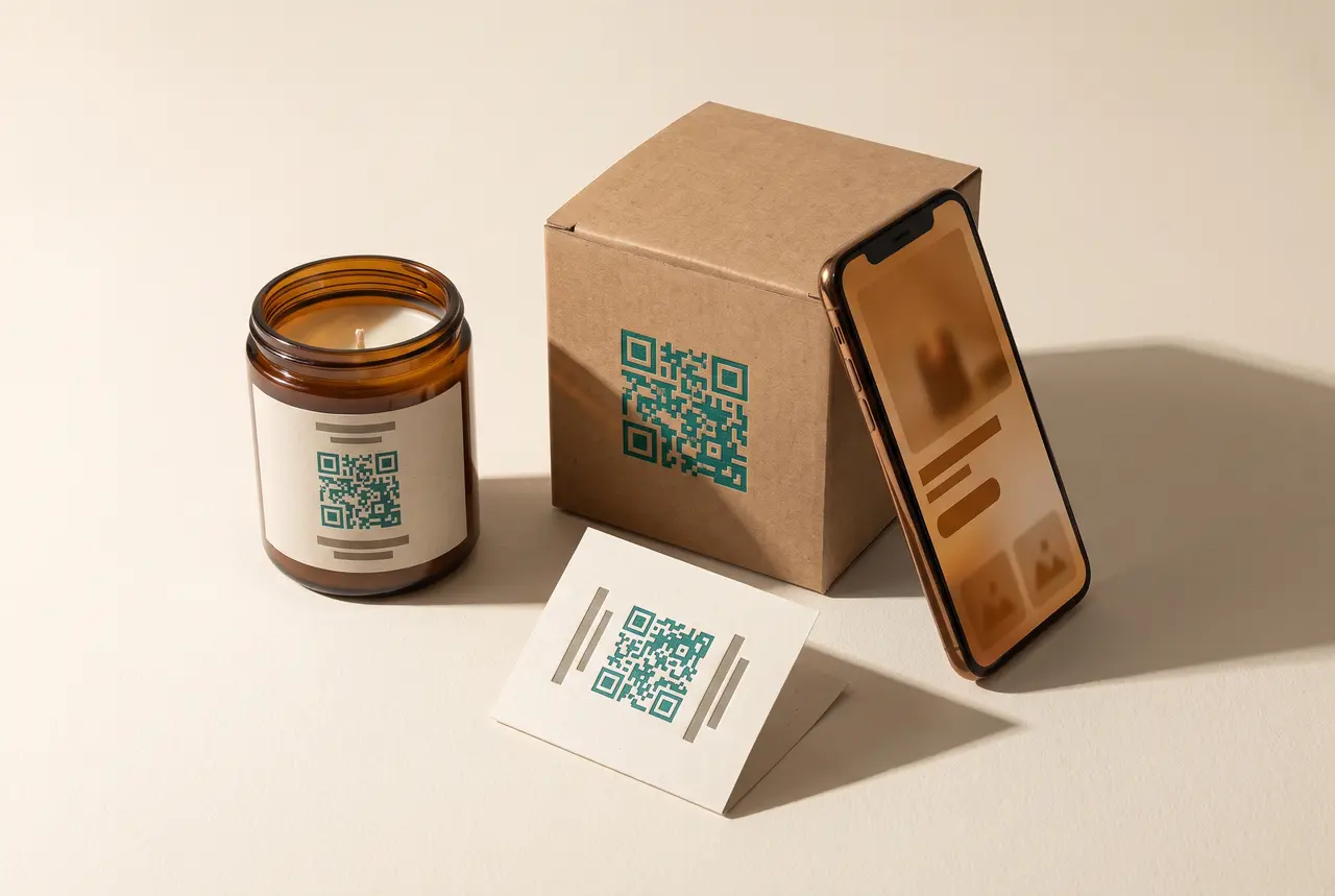 A candle jar, kraft box, and insert card all carrying the same teal QR code, beside a phone showing the product page.