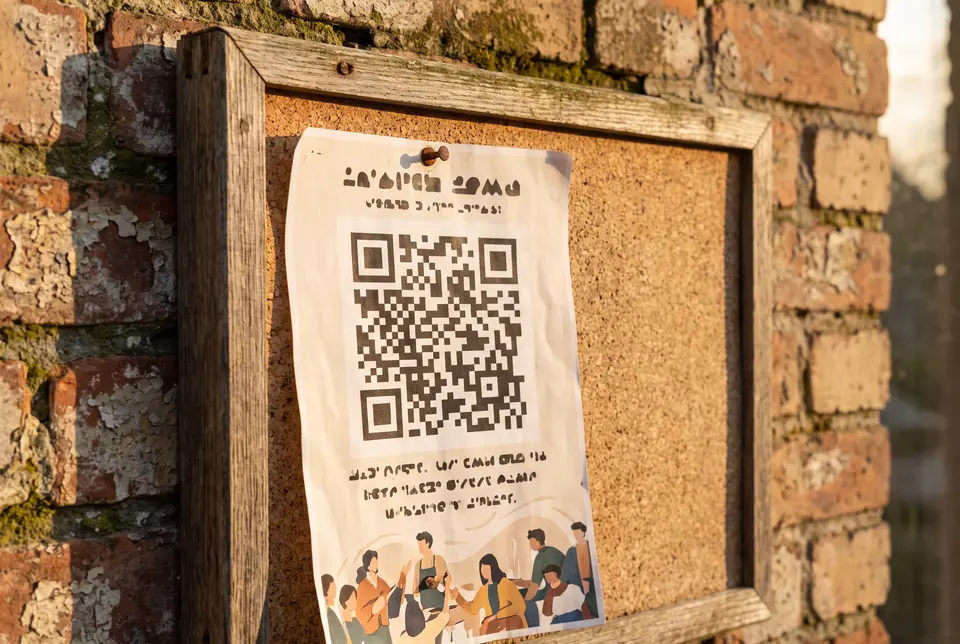 Community notice board with a scannable civic association profile QR